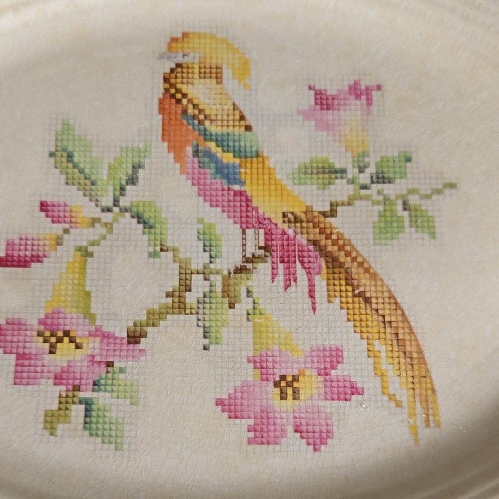 Leigh Ware Ceramic "Cross Stitch" Pattern Colorful Bird Design Plate - Vintage